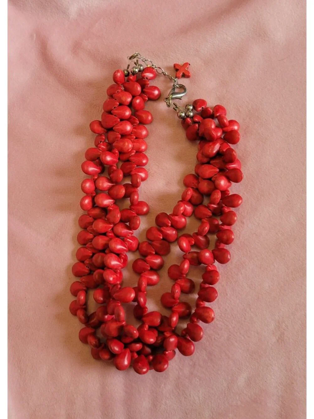 Heavy Red Dyed Faux Coral Look Layered Chunky Beaded Choker Style Necklace N1A